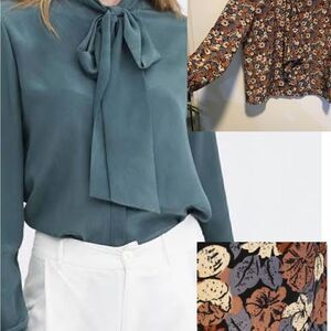 HENRY LEE SILKY SHEEN TIE NECK BUTTON UP BLOUSE